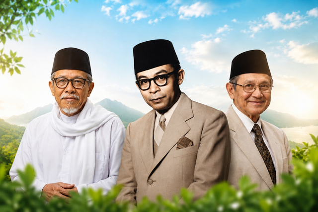 Buya Hamka, Bung Hatta, dan BJ Habibie (sumber foto berbagai sumber : desain by Andri M)