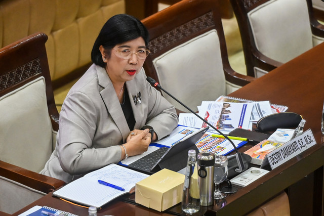 Calon Gubernur Bank Indonesia (BI) Destry Damayanti mengikuti uji kelayakan dan kepatutan (fit and proper test) bersama Komisi XI DPR di Kompleks Parlemen, Senayan, Jakarta, Rabu (26/8/2026). Foto: Rivan Awal Lingga/ANTARA FOTO