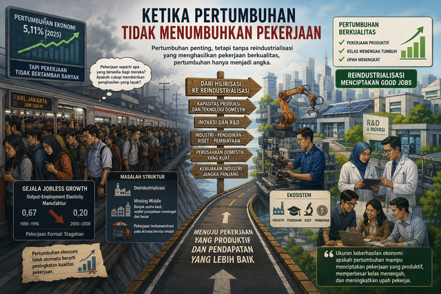 Ilustrasi pertumbuhan ekonomi yang tidak menumbuhkan pekerjaan berkualitas (sumber: olahan chat gpt)