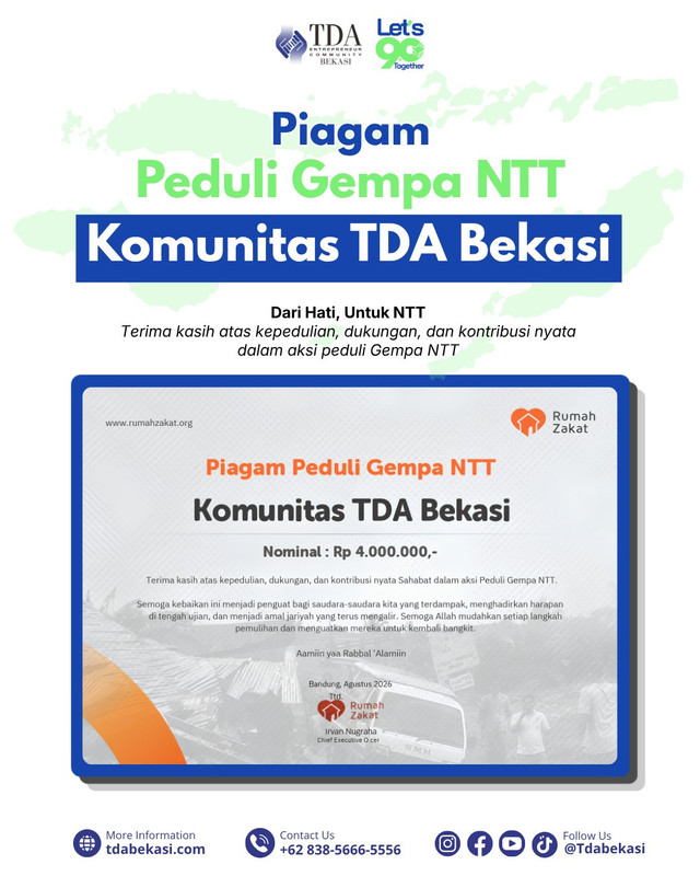 TDA Bekasi Salurkan Donasi Rp4 Juta untuk Korban Gempa NTT melalui Rumah Zakat
