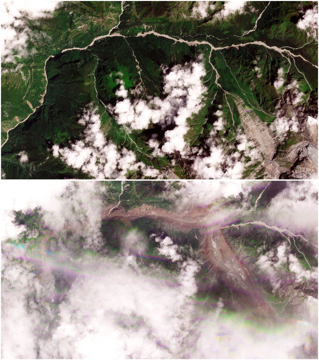Citra satelit yang memperlihatkan lembah-lembah di perbatasan Nepal dan Tibet sebelum (atas) banjir bandang pada 25 Agustus 2026 dan sesudah banjir bandang (bawah) pada 26 Agustus 2026. Foto: Planet Labs PBC/viaREUTERS