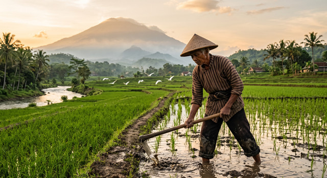 Ilustrasi Pak Wignyo sedang mencangkul di hamparan sawah hijau pedesaan Jawa dekat sungai di bawah terik matahari | Gemini.ai
