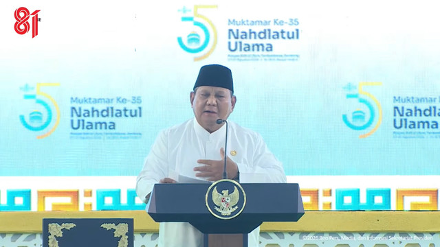 Presiden Prabowo Subianto memberikan sambutan pada Pembukaan Muktamar Ke-35 Nahdlatul Ulama di Tambakberas, Jombang, Jawa Timur, Kamis (27/8/2026). Foto: Youtube/Sekretariat Presiden