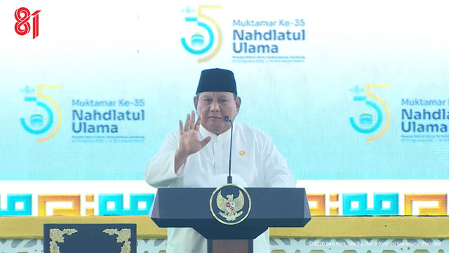 Presiden Prabowo Subianto memberikan sambutan pada Pembukaan Muktamar Ke-35 Nahdlatul Ulama di Tambakberas, Jombang, Jawa Timur, Kamis (27/8/2026). Foto: Youtube/Sekretariat Presiden