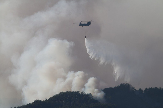 Helikopter Chinook milik militer Jepang dalam operasi pemadaman karhutla. Foto: Japan Ministry of Defense