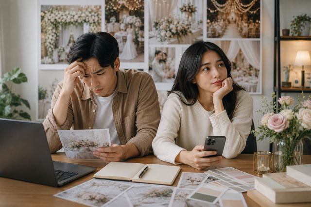 Pasangan sedang bingung mempersiapkan acara pernikahan (Source: Digimo)