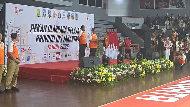 Sambutan Gubernur DKI Jakarta Pramono Anung dalam Pembukaan Pekan Olahraga Pelajar Provinsi DKI Jakarta di Hall A Basket Gelanggang Mahasiswa Soemantri Brodjonegoro, Jakarta Selatan, Senin (31/8/2026). Foto: Pradya Tirta/kumparan