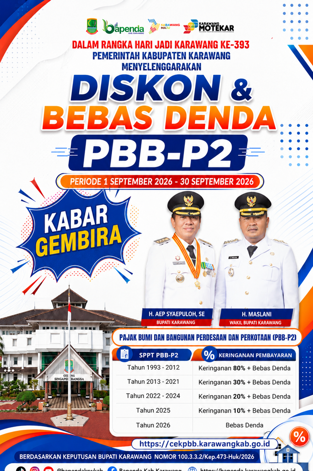Kado Hari jadi Karawang ke-393 Diskon PBB-P2 hingga 80 pesersen dan bebas denda.