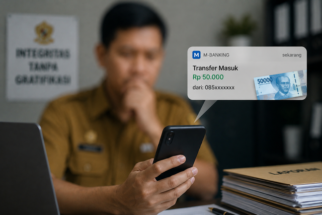Gambar 1. Ilustrasi gratifikasi digital melalui transfer uang dengan m-banking - sumber : ilustrasi dibuat menggunakan ChatGpt.