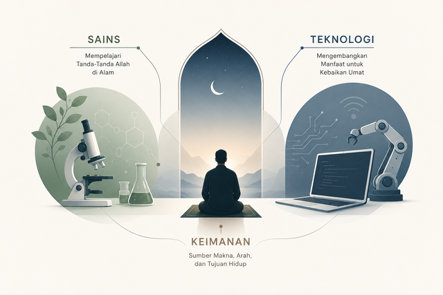 Gambar 1. Integrasi Sains, Teknologi, dan Keimanan dalam Kehidupan Modern.
Sumber: Diolah dan dibuat menggunakan AI (OpenAI Image Generation), 2026.