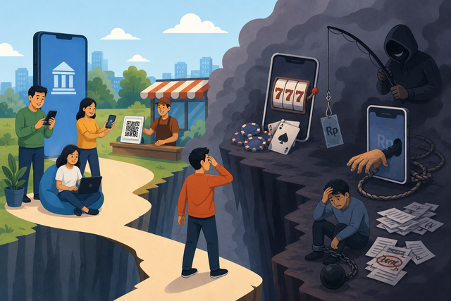 Ilustrasi inklusi keuangan dan risiko judi online di Indonesia. Sumber: dibuat dengan bantuan AI oleh penulis.