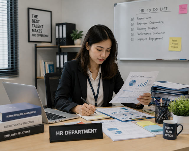 Seorang HRD sedang mengerjakan tugasnya dengan menganalisis data karyawan, menyusun rencana kerja, dan mempersiapkan strategi pengelolaan sumber daya manusia di perusahaan. Sumber : Generate by AI