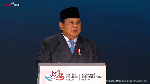 Presiden Prabowo berpidato sebagai tamu kehormatan utama pada EEF ke-11 di Vladivostok, Rusia, Kamis (3/9/2026). Foto: YouTube/ Sekretariat Presiden