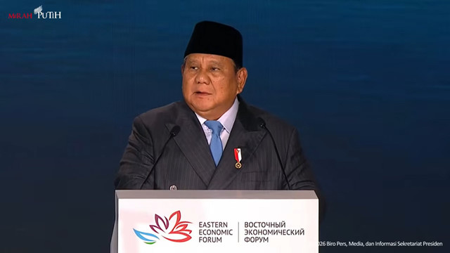 Presiden Prabowo berpidato sebagai tamu kehormatan utama pada EEF ke-11 di Vladivostok, Rusia, Kamis (3/9/2026). Foto: YouTube/ Sekretariat Presiden
