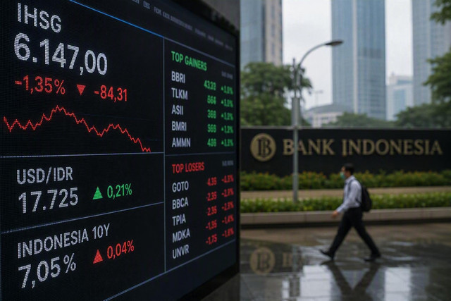 Pergerakan IHSG, nilai tukar rupiah, dan imbal hasil obligasi Indonesia di tengah dinamika pasar keuangan. (Ilustrasi Microsoft Copilot)