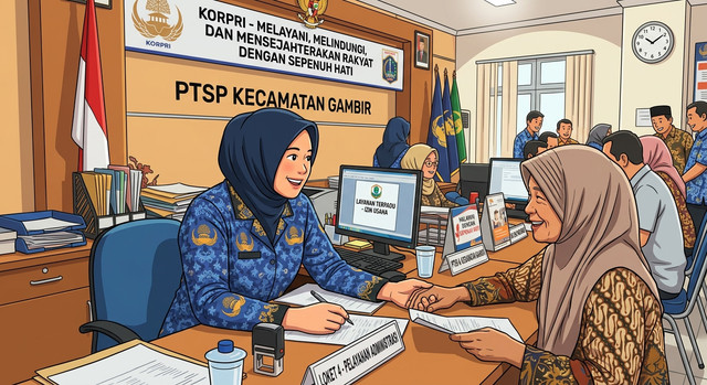 Seorang pegawai tersenyum hangat dan ramah saat memberikan pelayanan administrasi publik kepada seorang warga (gemini.ai)