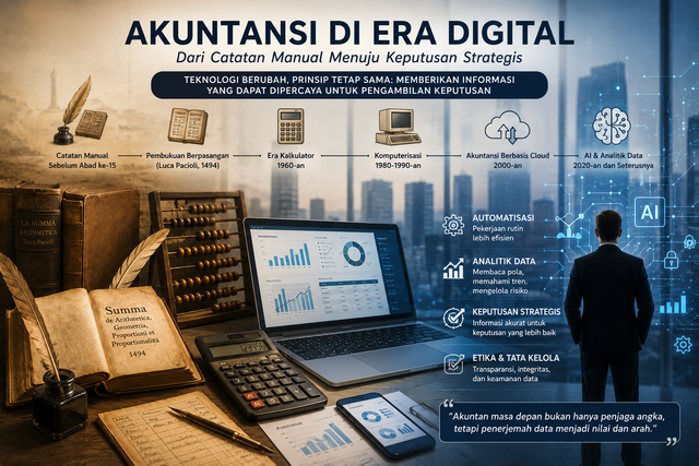 Ilustrasi: Dari pencatatan manual hingga kecerdasan buatan, teknologi mengubah cara akuntan bekerja tanpa menghilangkan nilai penting manusia dalam membaca data, menjaga etika, dan mengambil keputusan : Generated AI