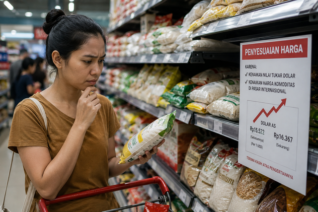Gambar tersebut menunjukkan seorang perempuan sedang berbelanja dan memperhatikan harga barang yang meningkat akibat pengaruh ekonomi global. Sumber : Generate By:AI