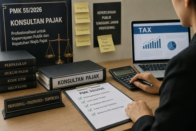 Ilustrasi (dibuat dengan AI) menggambarkan profesionalisasi konsultan pajak sesuai PMK 55/2026