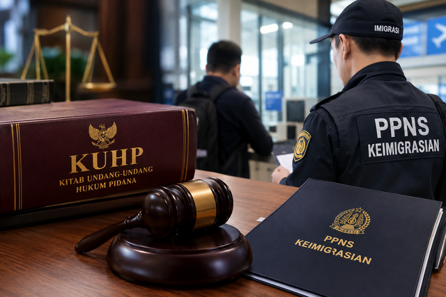 Gambar dihasilkan menggunakan ChatGPT oleh Open AI, dari prompt "buatkan foto yang bersangkutan antara KUHP dengan PPNS Keimigrasian", Tahun 2026. https://chatgpt.com