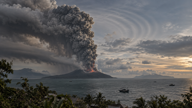 Ilustrasi erupsi Gunung Anak Krakatau (GAK). Foto: Generated by AI.