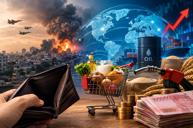 Ilustrasi dampak konflik global terhadap harga pangan, energi, dan daya beli masyarakat. Gambar dibuat dengan bantuan AI.