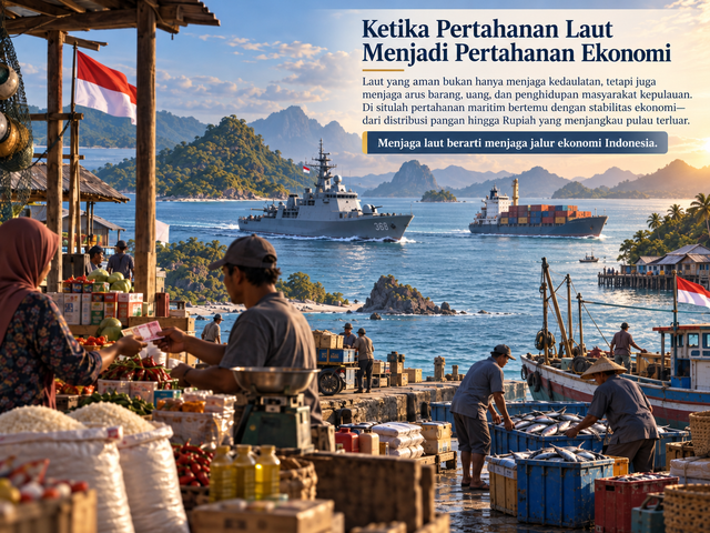 Ilustrasi Pertahanan Laut Yang Mendukung Kegiatan Ekonomi. Foto generated by AI