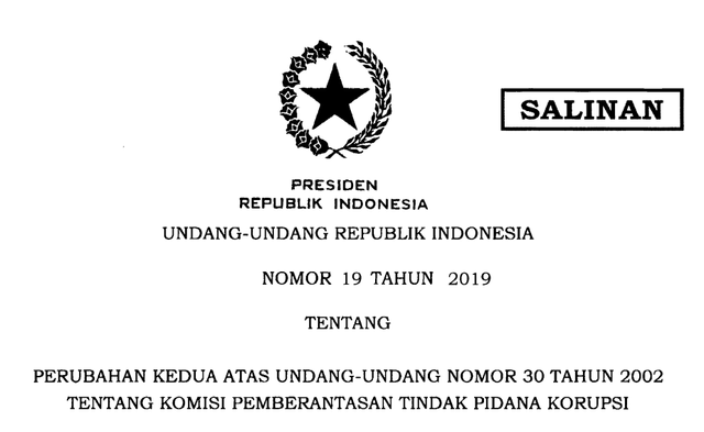 Undang-Undang Nomor 19 Tahun 2019 tentang Perubahan Kedua atas Undang-Undang Nomor 30 Tahun 2002 tentang Komisi Pemberantasan Tindak Pidana Korupsi (Sumber: JDIH Kemenkeu)