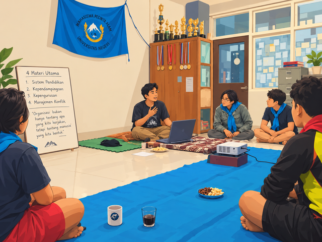 (Ilustrasi: organisasi mahasiswa pecinta alam yang sedang mengikuti kegiatan diskusi dan pembelajaran tentang pendidikan, kependampingan, kepengurusan, dan manajemen konflik.) (Sumber : OpenAI, 2026)