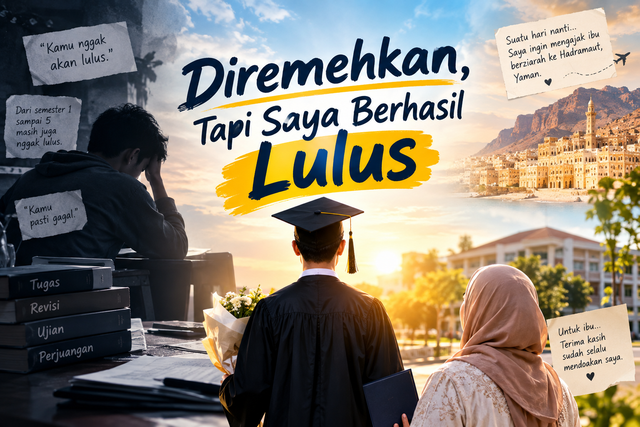 Ilustrasi mahasiswa berhasil lulus setelah melewati perjuangan dan dukungan ibu.