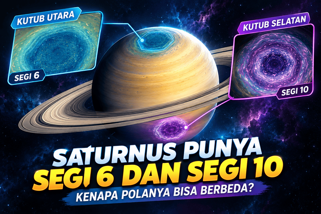 Ilustrasi pola segi enam di kutub utara dan segi 10 di kutub selatan Saturnus.sumber: ilustrasi dibuat menggunakan chatgpt (AI)