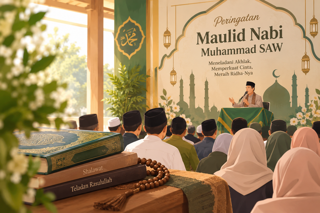 (lustrasi : peringatan Maulid Nabi Muhammad SAW sebagai bentuk kecintaan dan upaya meneladani akhlak Rasulullah.) (Sumber : OpenAI, 2026.)