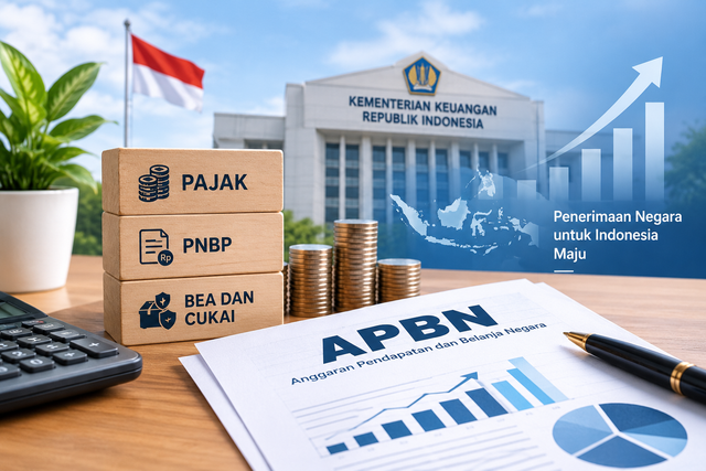 Ilustrasi penerimaan negara Indonesia yang menggambarkan peran pajak, PNBP, serta bea dan cukai dalam mendukung APBN dan pembangunan nasional. Kredit gambar: Ilustrasi dibuat menggunakan AI oleh penulis.