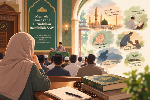 (Ilustrasi : suasana kajian di masjid dengan tema “Menjadi Umat yang Dirindukan Rasulullah SAW”, yang mengajak umat untuk memperkuat iman, memperbaiki diri, dan meneladani Rasulullah.) (Sumber: OpenAI,2026)