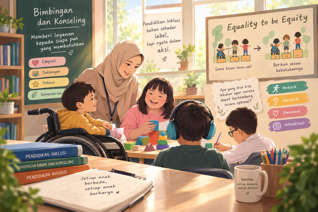 (Ilustrasi layanan Bimbingan dan Konseling bagi anak berkebutuhan khusus yang menekankan empati, kesetaraan, akses, potensi, dan kesempatan untuk berkembang.) (Sumber: OpenAI, 2026.)