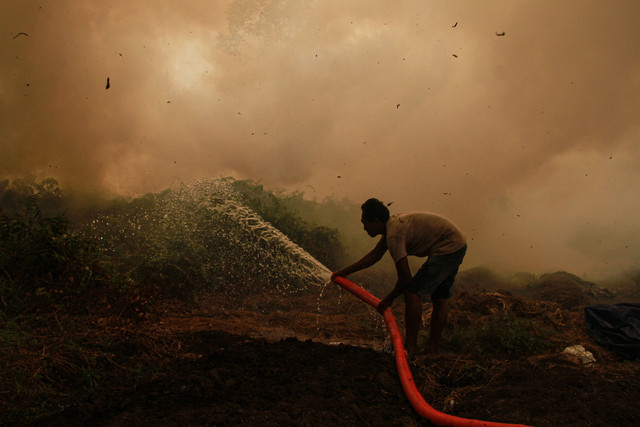 Warga berupaya memadamkan kebakaran lahan di Kelurahan Kereng Bangkirai, Palangka Raya, Kalimantan Tengah, Rabu (9/9/2026). Foto: Auliya Rahman/ANTARA FOTO