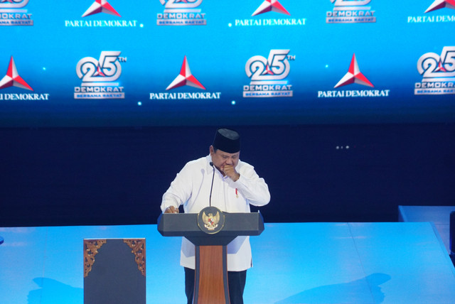 Presiden Republik Indonesia Prabowo Subianto memberikan sambutan pada acara puncak HUT Partai Demokrat ke-25 di Indonesia Arena, Senayan, Jakarta, Rabu (9/9/2026). Foto: Iqbal Firdaus/kumparan