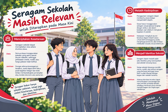 Ilustrasi penggunaan seragam sekolah masih relevan untuk diterapkan pada masa kini. (Foto:AI)