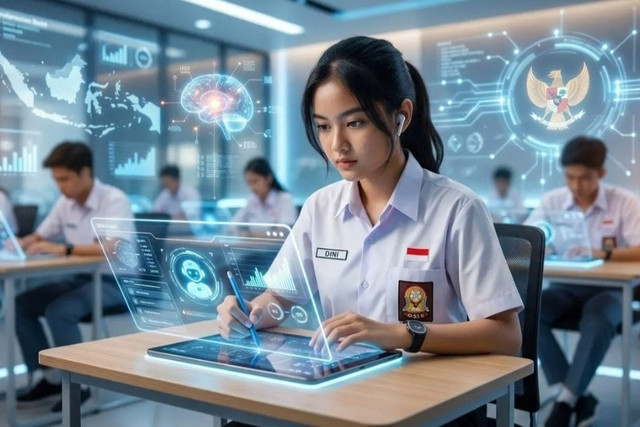 Ilustrasi siswi SMA memanfaatkan teknologi AI sebagai alat bantu belajar di kelas. -AI Generate