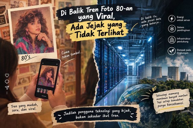 Ilustrasi di balik trend foto 80-an. (Sumber: ChatGPT.co.id). 