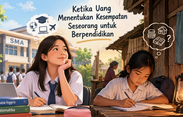 Deskripsi gambar:   ilustrasi tersebut menggambarkan Ekonomi siswa yang berbeda namun tidak menghalangi pendidikan siswa  yang ingin belajar dan terus berkembang di dunia pendidikan foto ilustrasi tersebut dari Chatgpt 2026
