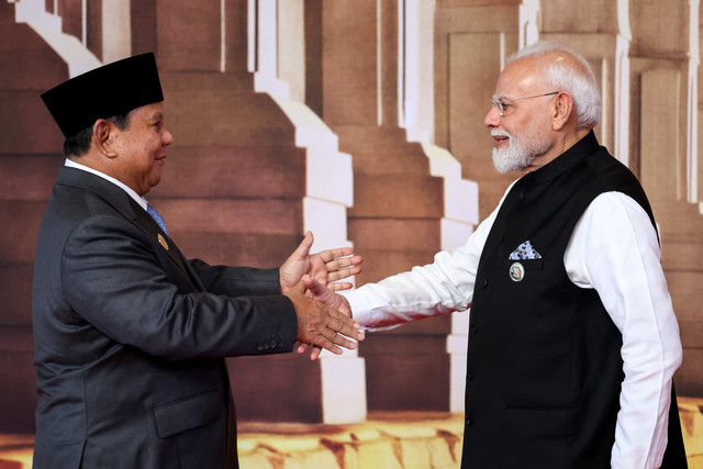 Presiden Prabowo Subianto saat menghadiri KTT BRICS 2026 di Bharat Mandapam, New Delhi, India, Sabtu (12/9/2026). Foto: Alexander KAZAKOV / POOL / AFP