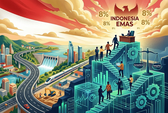 Ilustrasi meritokrasi dan pertumbuhan ekonomi menuju Indonesia Emas 2045. Sumber: dibuat dengan bantuan AI oleh penulis.