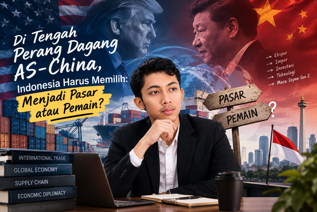Ilustrasi menggambarkan posisi Indonesia di tengah persaingan dagang Amerika Serikat dan China. (sumber: Generate AI)