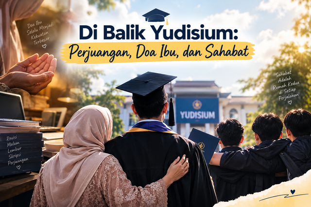 Ilustrasi perjalanan menuju yudisium, tentang perjuangan menyelesaikan skripsi, doa seorang ibu, dan dukungan sahabat-sahabat baik.