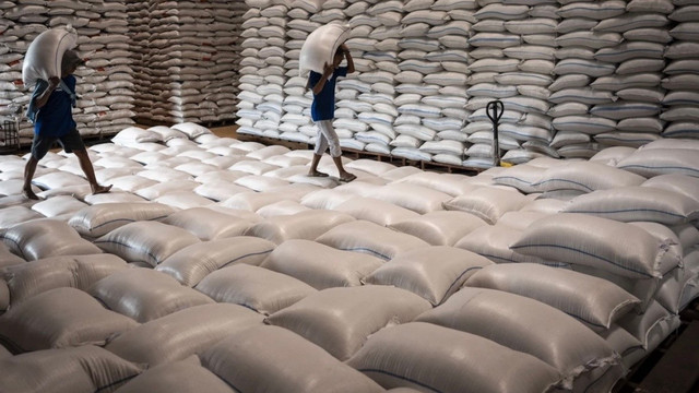 Dua pekerja mengangkut beras di Gudang Bulog Palebon, Semarang, Jawa Tengah, Rabu (26/2/2025). Foto: Aprillio Akbar/ANTARA FOTO