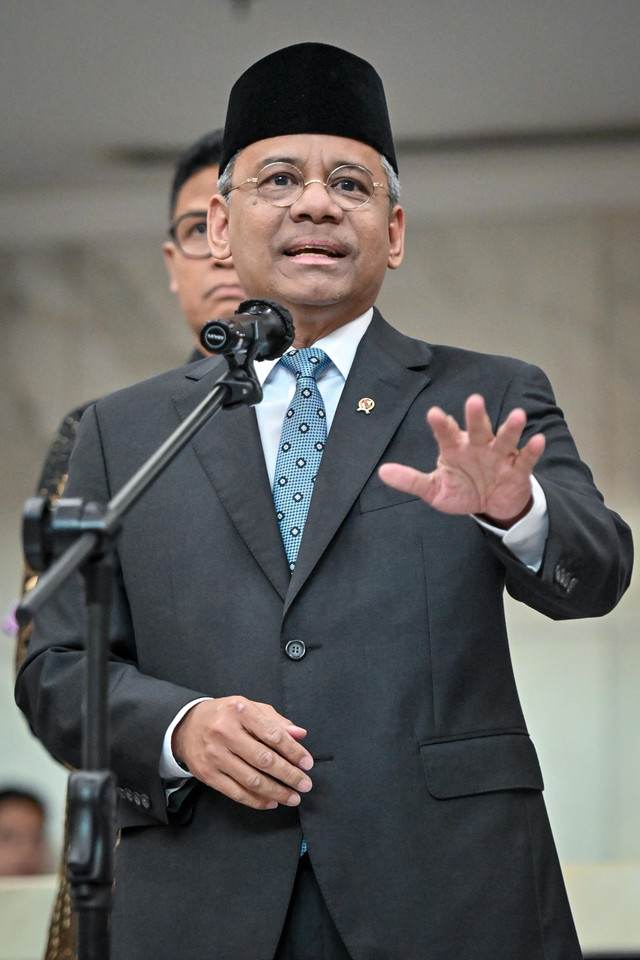 Suahasil Nazara menyampaikan sambutan usai dilantik menjadi Menteri Keuangan di Kementerian Keuangan, Jakarta, Kamis (14/9/2026). Foto: Sulthony Hasanuddin/ANTARA FOTO
