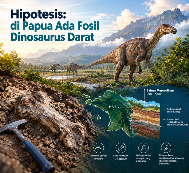Ilustrasi Hipotesis: di Papua Ada Fosil Dinosaurus Darat (Sumber Gambar: AI Image Generator)