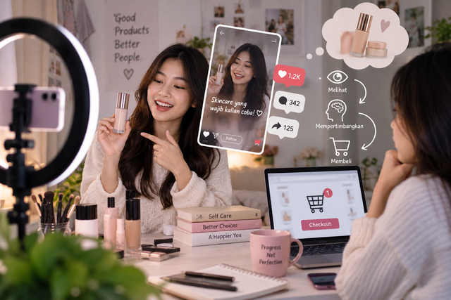 Ilustrasi pengaruh influencer terhadap proses keputusan pembelian konsumen di media sosial Sumber: Ilustrasi dibuat menggunakan AI (ChatGPT/OpenAI).