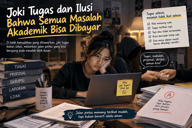 Ilustrasi joki tugas. (Sumber: ChatGPT.co.id).